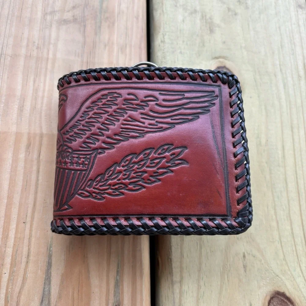 Vintage Eagle Leather Wallet Bifold Whipstitch Hand Tooled USA Made Freedom